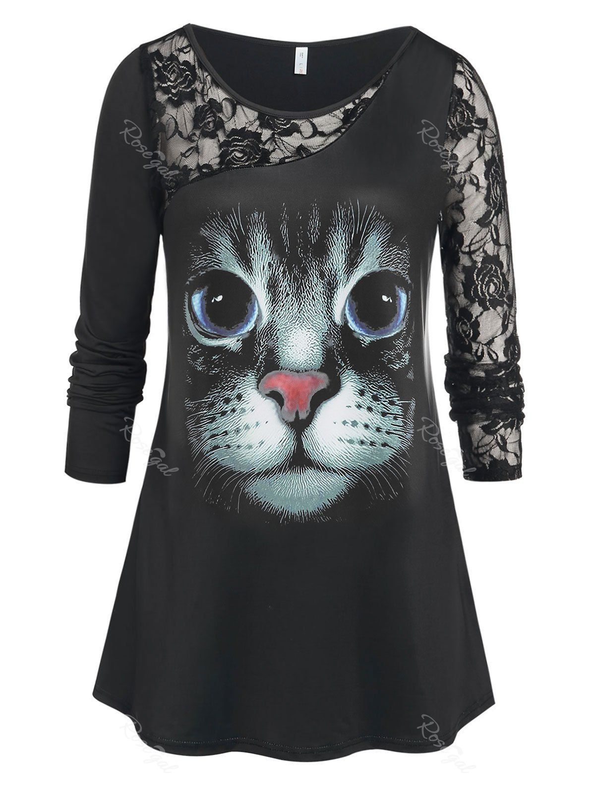 Shop Plus Size 3D Cat Print Lace Panel T-shirt  