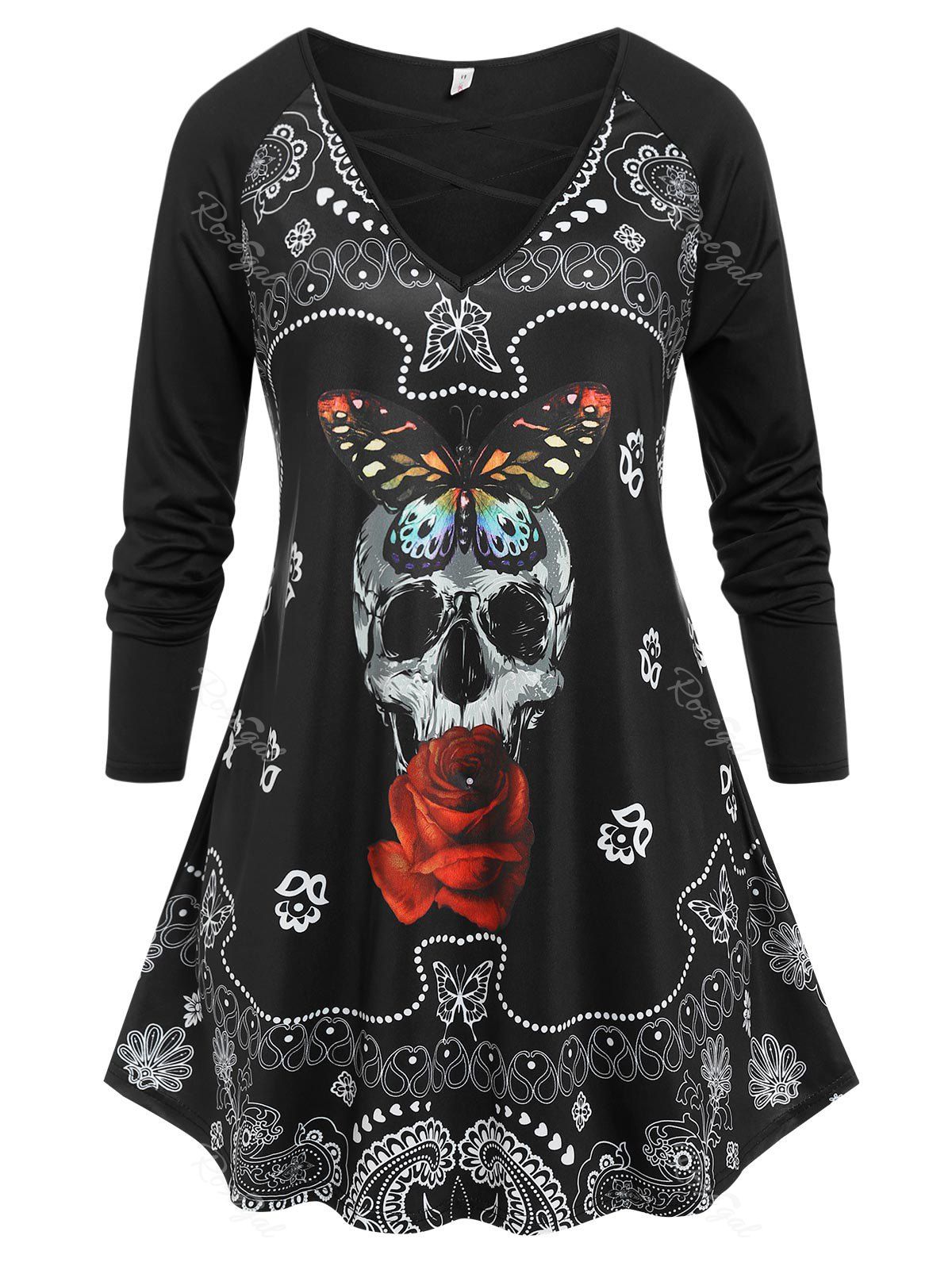New Plus Size Gothic Skull Print Crisscross T-shirt  