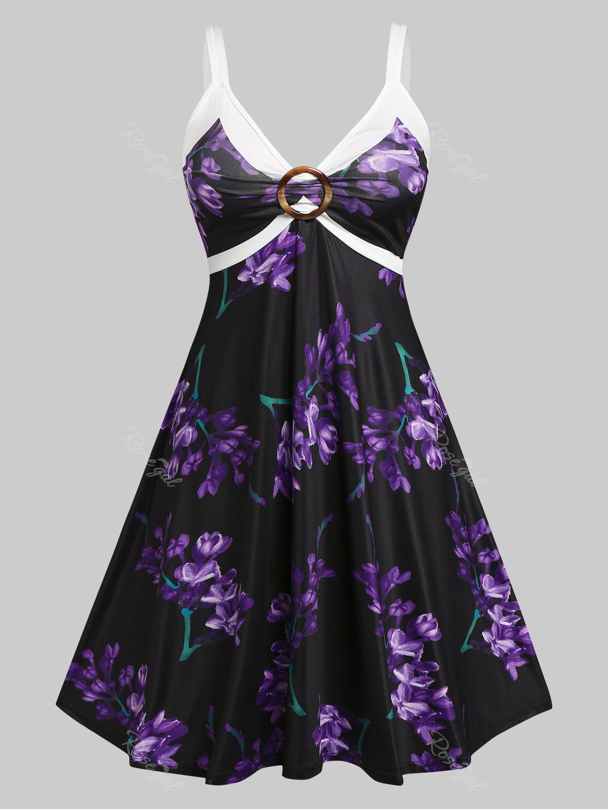 Cheap Plus Size Floral Print O Ring Empire Waist Dress  