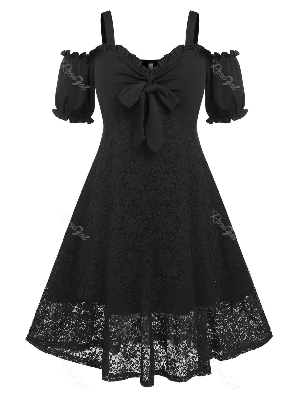 Shop Plus Size Cold Shoulder Bowknot Vintage Dress  