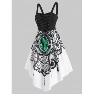 

Lace Up Diamond Print Asymmetric Dress, White