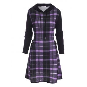 

Hooded Plaid Lace Up Jersey Dress, Light purple