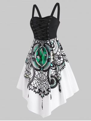 Lace Up Diamond Print Asymmetric Dress