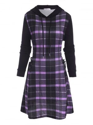 Hooded Plaid Lace Up Jersey Dress