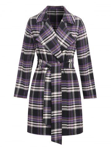 Plus Size Belted Plaid Lapel Coat - CONCORD - 1X