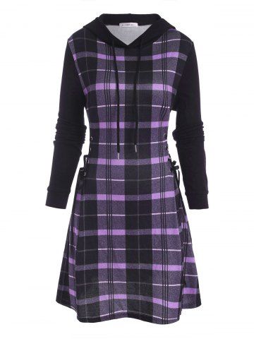 Hooded Plaid Lace Up Jersey Dress - LIGHT PURPLE - M