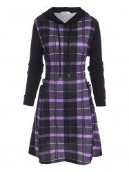 Hooded Plaid Lace Up Jersey Dress -  