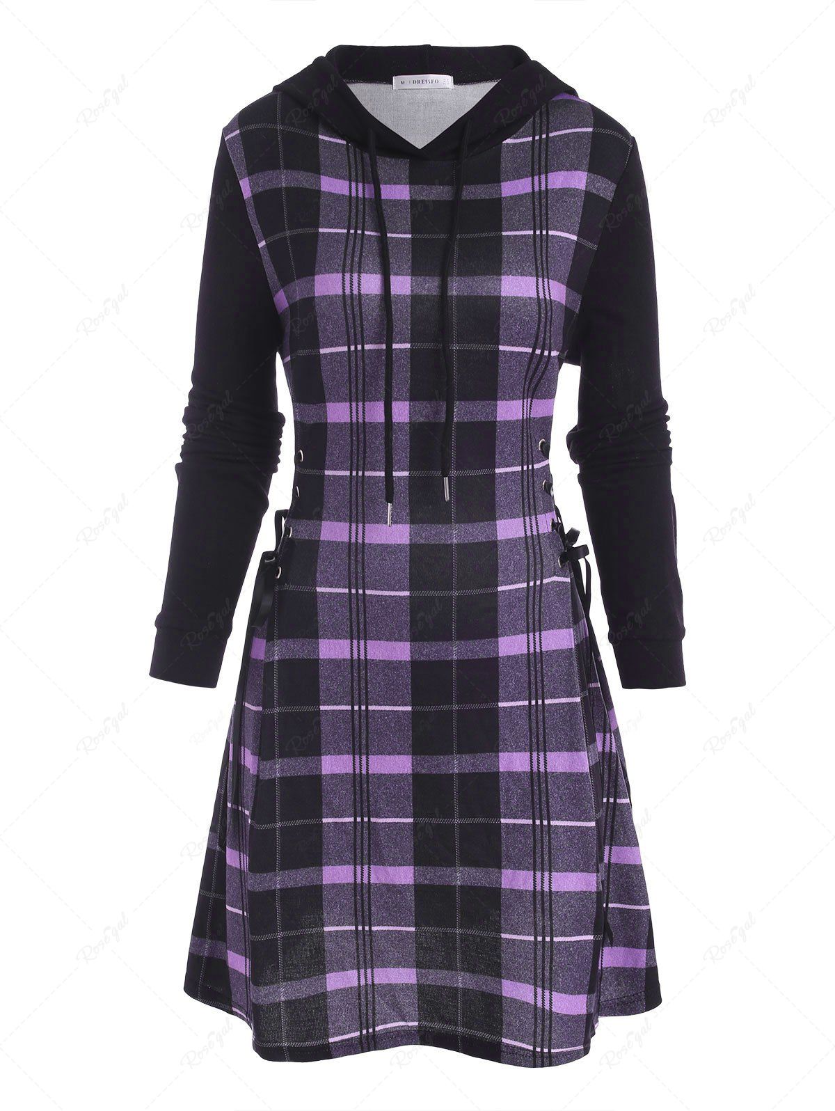 Hot Hooded Plaid Lace Up Jersey Dress  