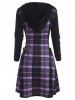Hooded Plaid Lace Up Jersey Dress -  