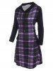Hooded Plaid Lace Up Jersey Dress -  