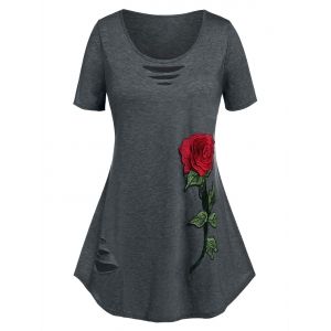 

Plus Size Flower Embroidered Ripped Short Sleeve Tee, Gray