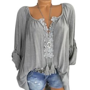 

Plus Size Flower Applique Roll Tab Sleeve Tassel Blouse, Gray