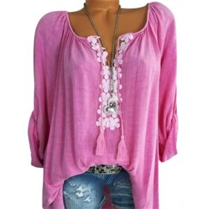 

Plus Size Flower Applique Roll Tab Sleeve Tassel Blouse, Light pink