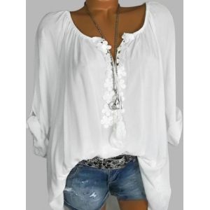 

Plus Size Flower Applique Roll Tab Sleeve Tassel Blouse, White