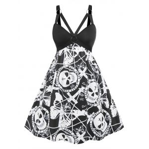 

Plus Size O Ring Skull Print Cutout Halloween Dress, Black