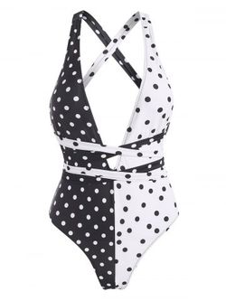 Criss Cross Colorblock Polka Dot One-piece Swimsuit - BLACK - L