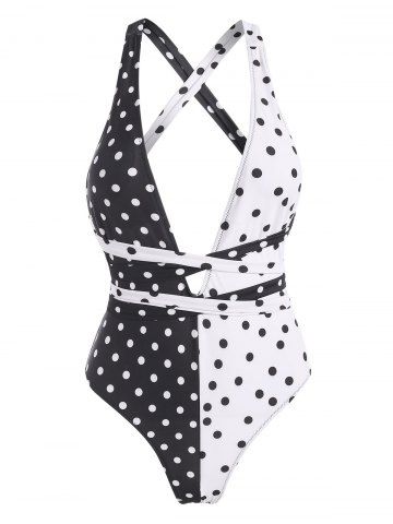 Criss Cross Colorblock Polka Dot One-piece Swimsuit - BLACK - XXL
