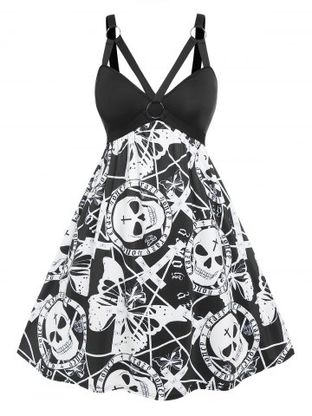 Plus Size O Ring Skull Print Cutout Halloween Dress