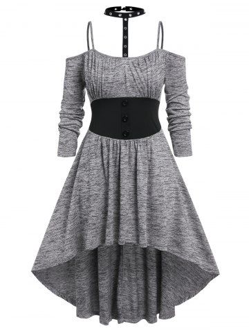 Plus Size Choker Neck Cold Shoulder High Low Gothic Dress - LIGHT GRAY - L