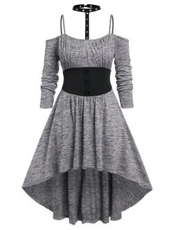 Plus Size Choker Neck Cold Shoulder High Low Gothic Dress - LIGHT GRAY - 1X