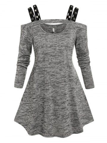 Plus Size Grommet Space Dye Open Shoulder Cutout Tee