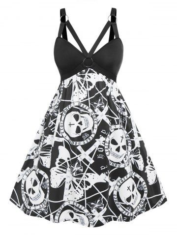 Plus Size O Ring Skull Print Cutout Halloween Dress - BLACK - L