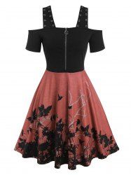 Cold Shoulder Eyelets Half Zipper Dress -  