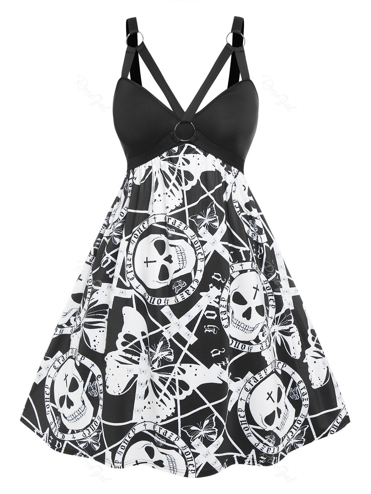 Discount Plus Size O Ring Skull Print Cutout Halloween Dress  
