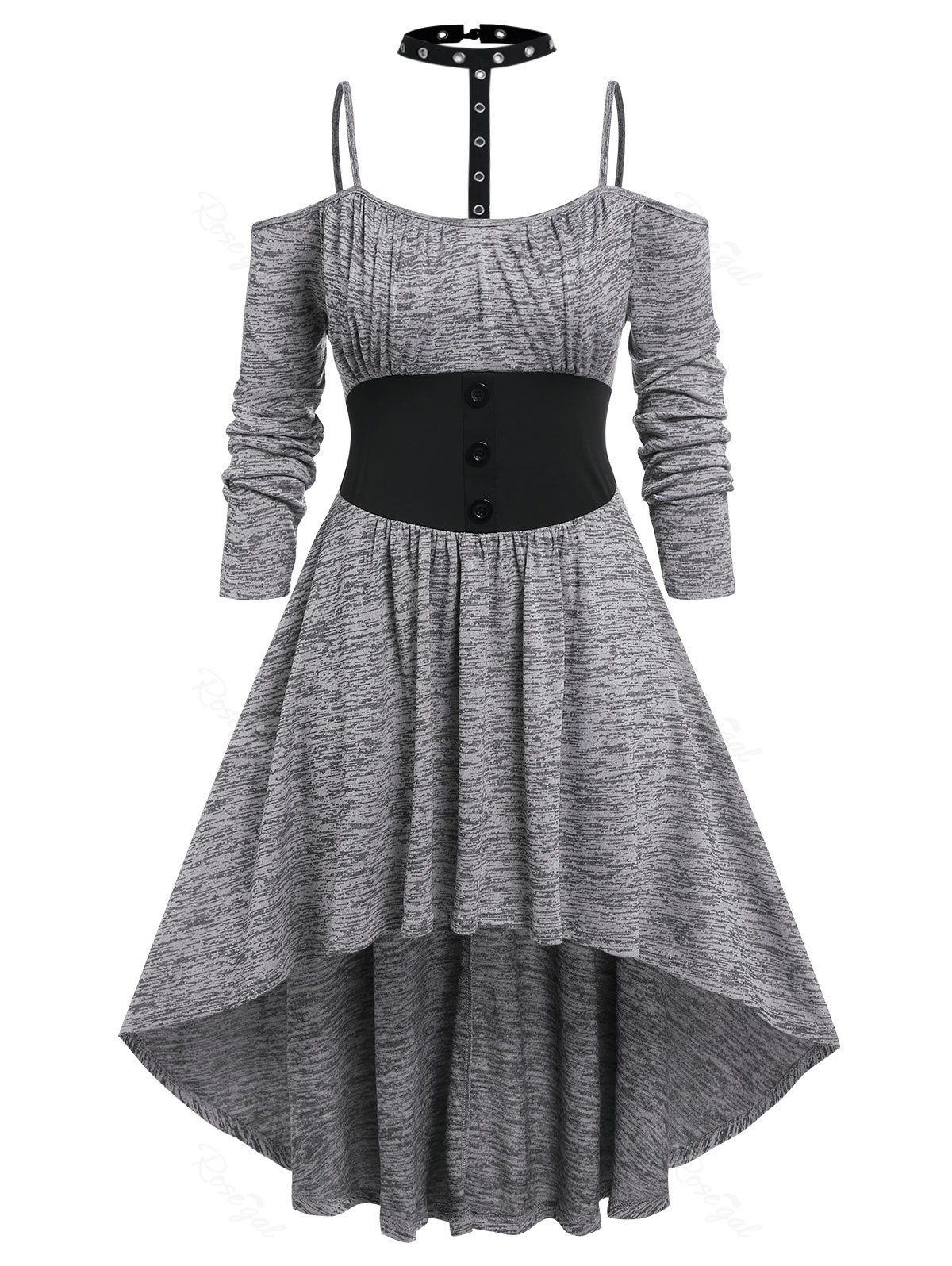 Trendy Plus Size Choker Neck Cold Shoulder High Low Gothic Dress  