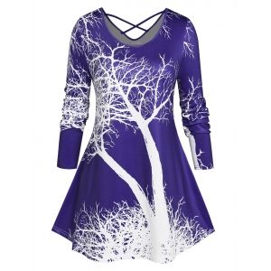

Plus Size Crisscross Tree Print T-shirt, Blue