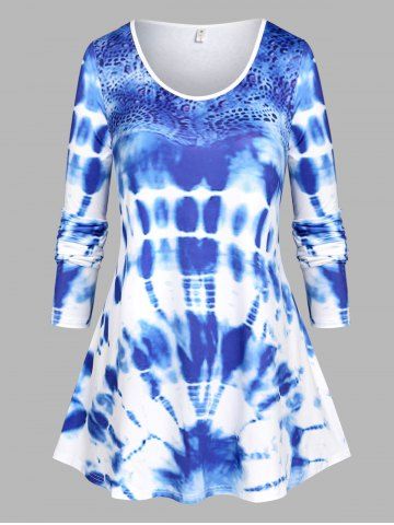 Plus Size Tie Dye Binding Long Sleeve T-shirt - BLUE - 4X