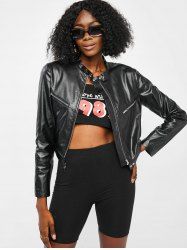 Zippered Front Snap Button Faux Leather Biker Jacket -  