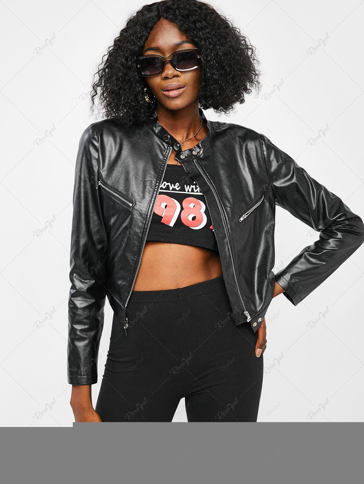 Cheap Zippered Front Snap Button Faux Leather Biker Jacket  