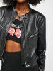 Zippered Front Snap Button Faux Leather Biker Jacket -  