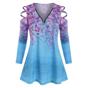 

Plus Size Zippered V Neck Floral Ladder Cutout Tunic Top, Blue