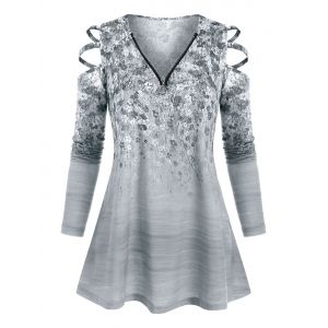 

Plus Size Zippered V Neck Floral Ladder Cutout Tunic Top, Gray