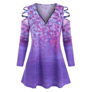 

Plus Size Zippered V Neck Floral Ladder Cutout Tunic Top, Purple