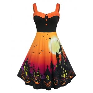 

Plus Size Halloween Pumpkin Bat A Line Vintage Dress, Dark orange