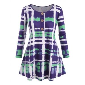 

Plus Size Tie Dye Plaid Buttoned Tunic Tee, Deep blue