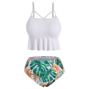 

Strappy Ruffle Palm Leaf Tankini Swimwear, White