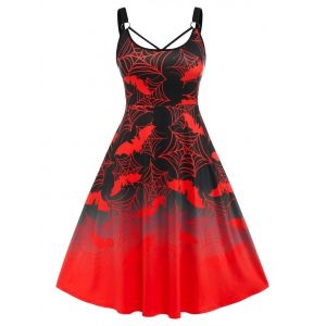 

Plus Size Bat Spider Web Print Halloween Midi Dress, Red