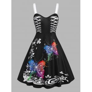 

Plus Size Butterfly Print Fit and Flare Dress, Black