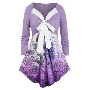 

Plus Size Paisley Butterfly Print Bowknot Irregular Tee, Light purple