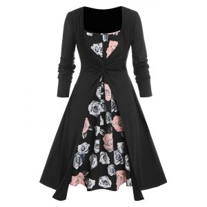 

Plus Size Front Twist Top and Floral Print Midi Dress Set, Black