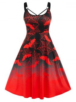 Plus Size Bat Spider Web Print Halloween Midi Dress - RED - 5X
