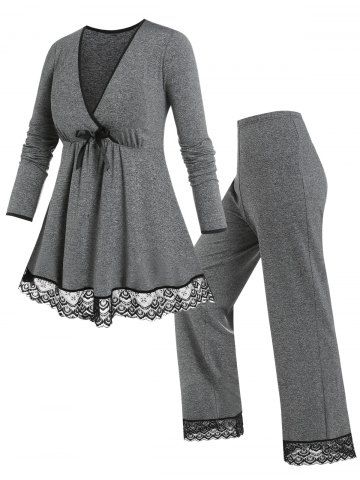 Plus Size Lace Panel Binding Empire Waist Pajama Pants Set - GRAY - L