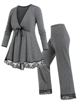 Plus Size Lace Panel Binding Empire Waist Pajama Pants Set - GRAY - 1X