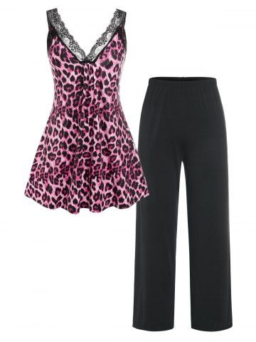Plus Size Leopard Print  Lace Trim Tank Top and Pants Pajamas Set