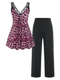 Plus Size Leopard Print  Lace Trim Tank Top and Pants Pajamas Set - LIGHT PINK - 4X