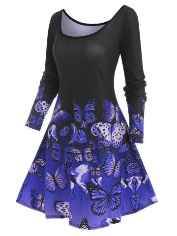 Knee Length Butterfly Print Tee Dress - PURPLE - XXXL